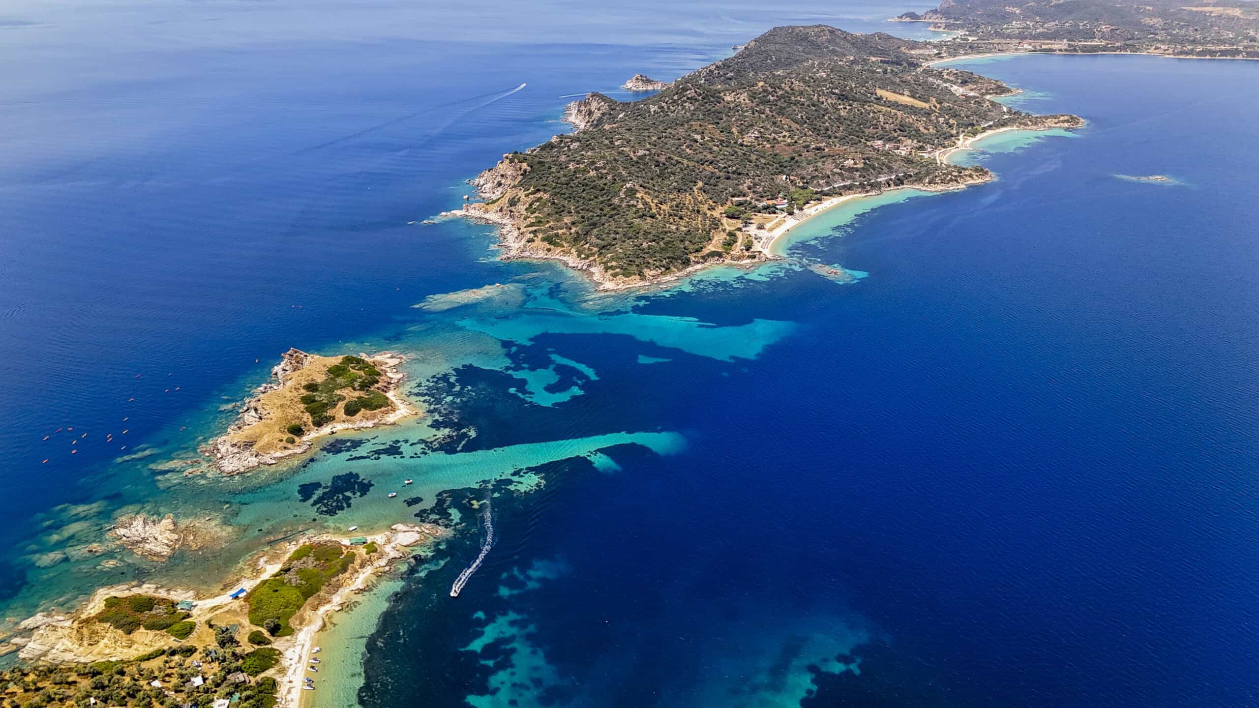 Ammouliani Drenia islands Halkidiki - aerial drone view of the uninhabited islets surrounded by turquoise water