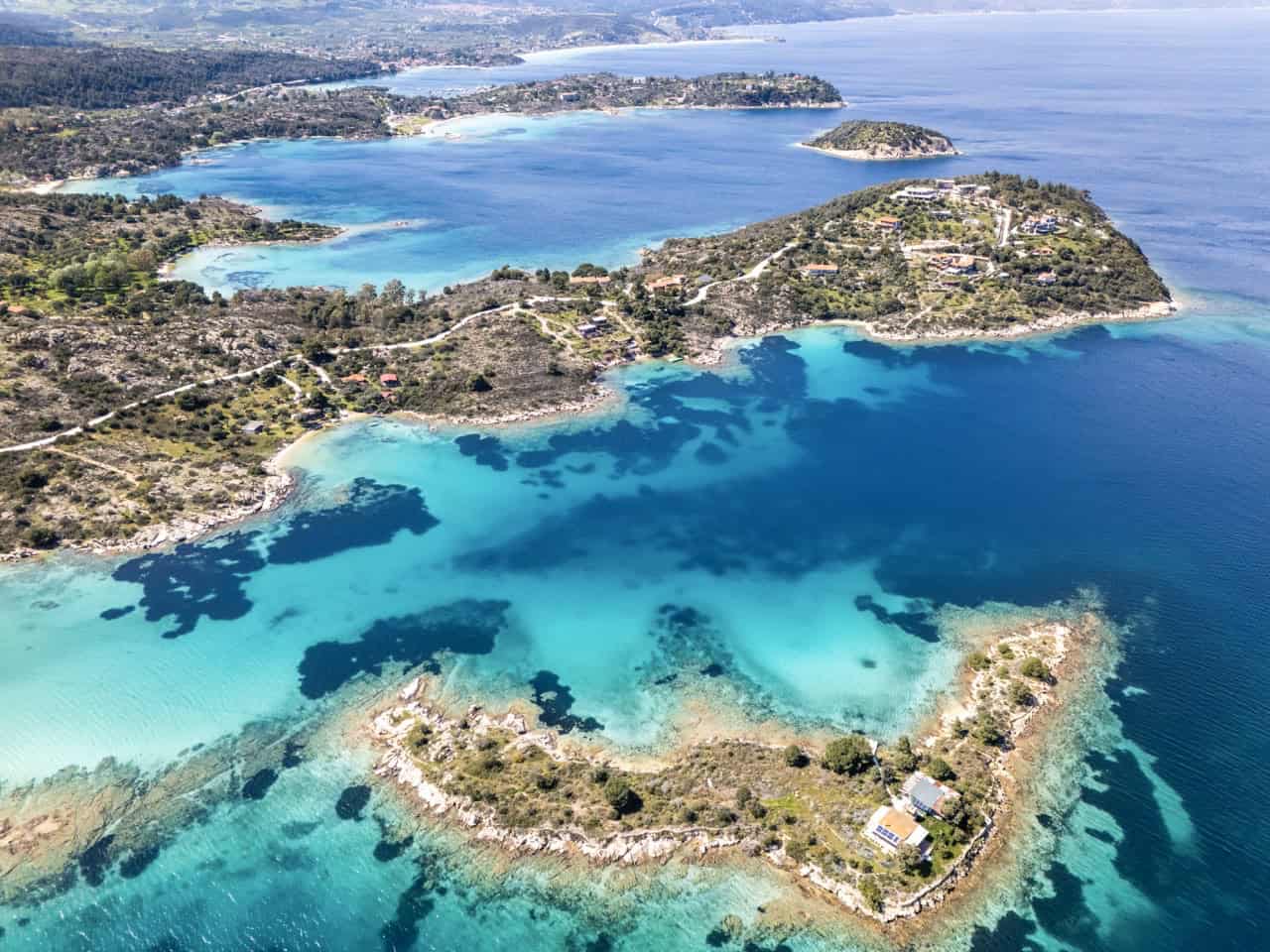 Diaporos island Halkidiki - aerial view of the uninhabited island surrounded by turquoise water