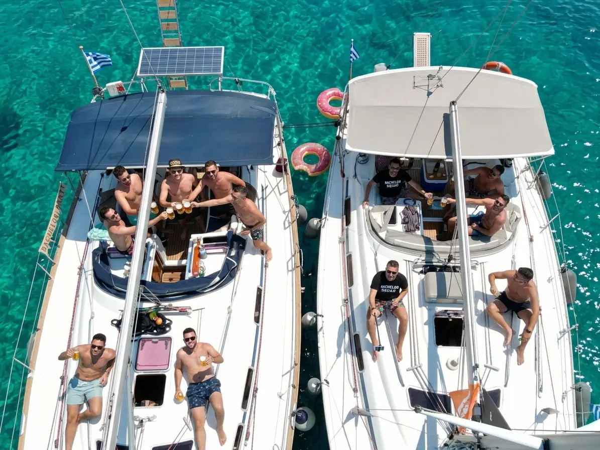 An aerial, top-down photograph of two white sailing yachts anchored side-by-side in clear, vibrant turquoise water off the coast of Greece. Nine men are visible on the decks of both boats, all wearing black t-shirts and swim shorts, posing and toasting to the camera. Several t-shirts clearly display text such as "THE GROOM," "TEAM GROOM," and "BACHELOR SQUAD." The men are holding beer bottles, raising glasses, and one is taking a photo with a camera. Two Greek flags fly from the boats, and three donut-shaped inflatable rings float in the water nearby. The overall atmosphere is joyful and celebratory under bright sunlight.