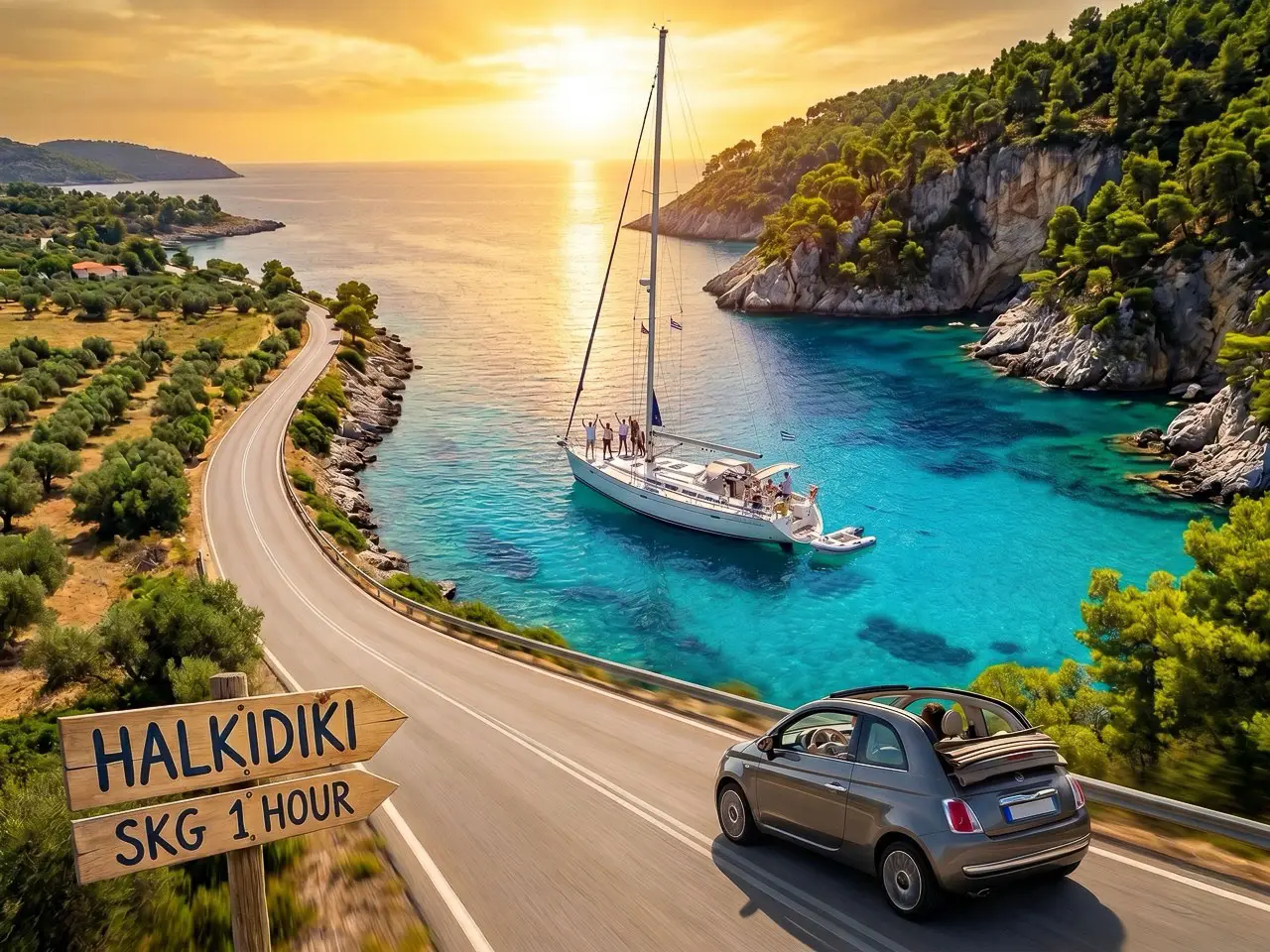 A scenic coastal road in Halkidiki with a wooden sign saying SKG 1 Hour, showing a convertible car driving toward a turquoise bay where a sailing yacht is anchored