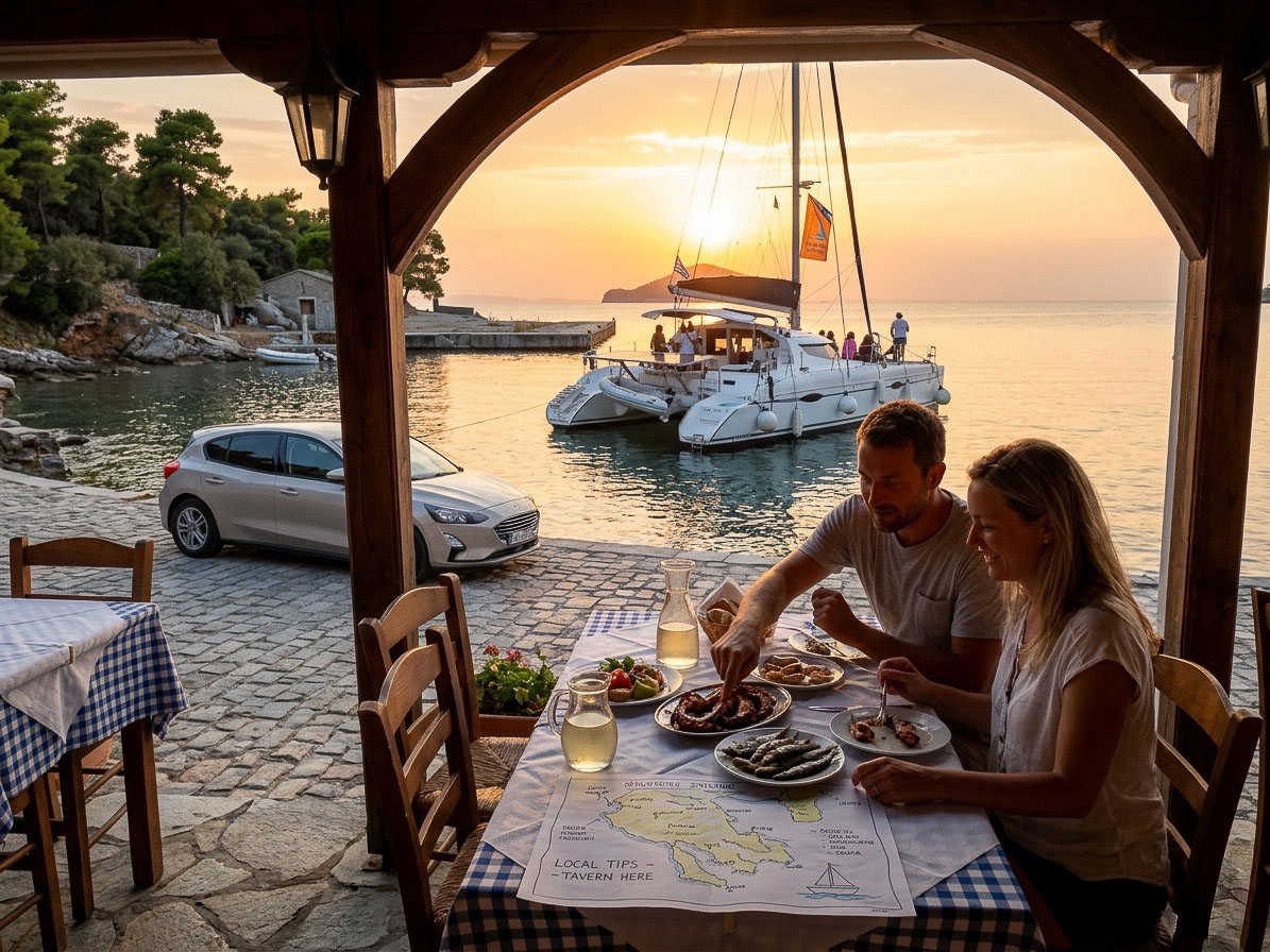 Catamaran sunset cruise Halkidiki — golden hour on the water with stunning coastline views